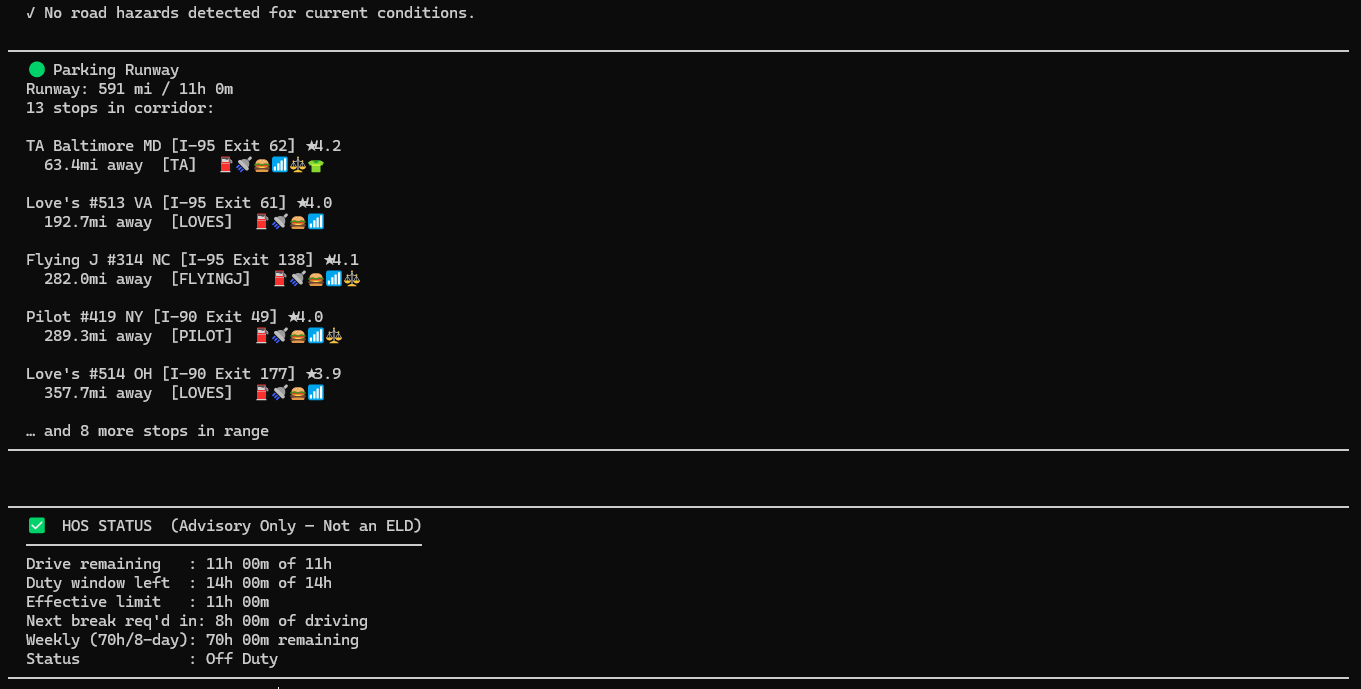 Clean Shot Terminal - Rain Probability, Road Conditions & HOS Status